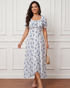 Vestido Longo Floral Com Manga Bufante E Cintura Marcada
