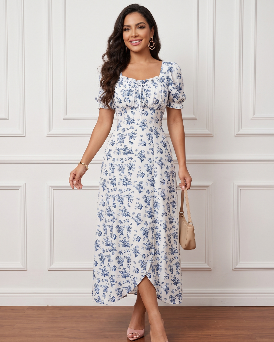 Vestido Longo Floral Com Manga Bufante E Cintura Marcada