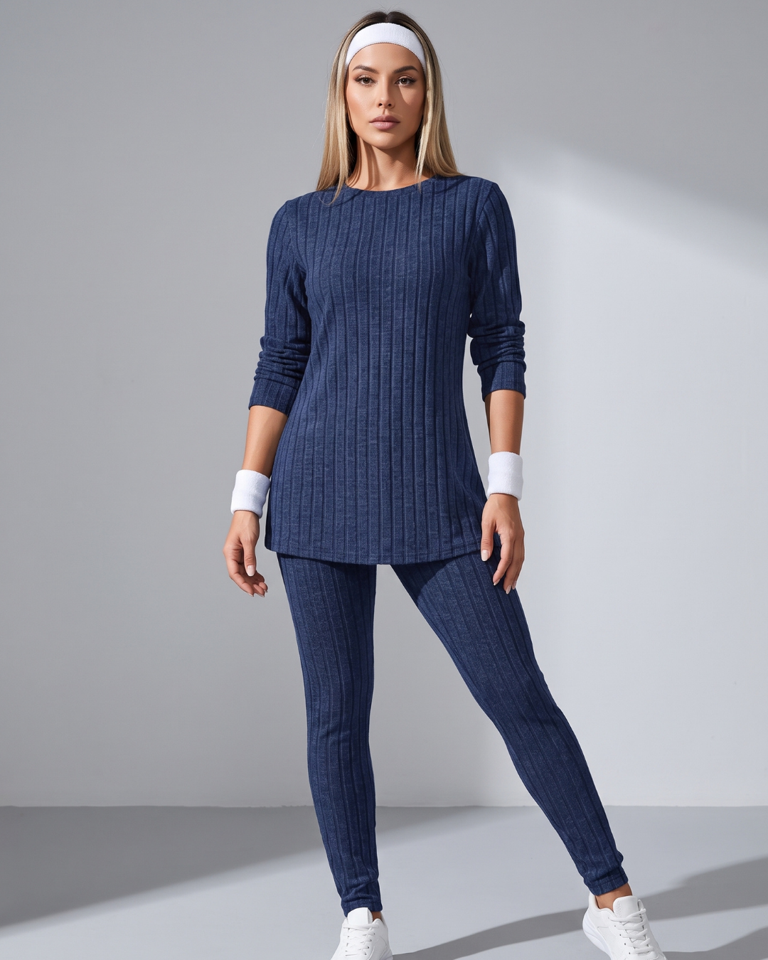 Conjunto Blusa Canelada Manga Longa E Calça Legging Casual
