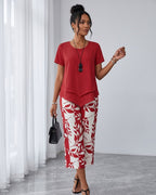 Conjunto Blusa Manga Curta E Calça Pantacourt Estampada Casual