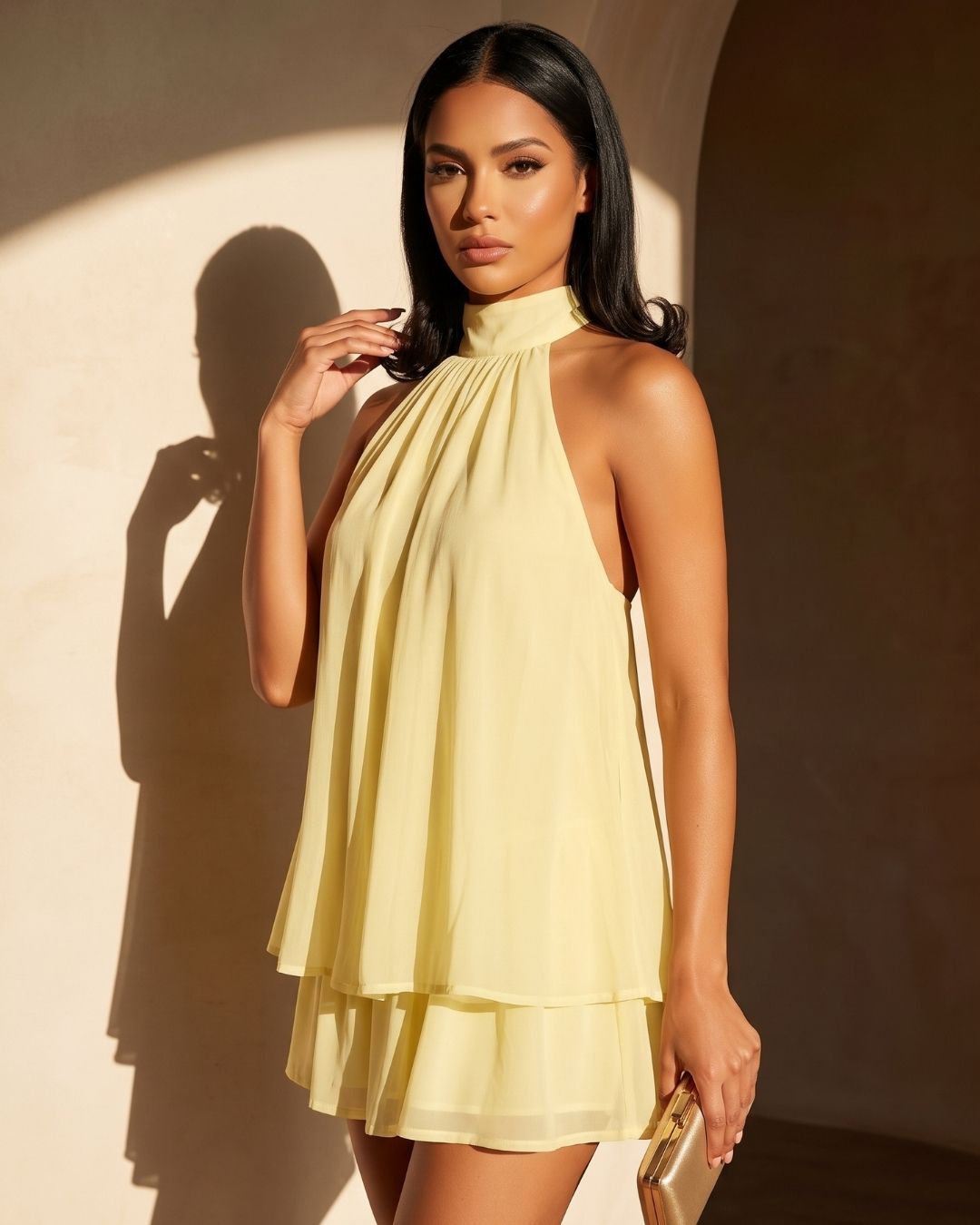 Vestido Curto Frente Única Com Gola Alta E Babados