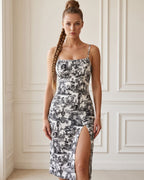 Vestido Midi Justo Alça Fina Com Fenda Estampado Elegante