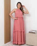 Vestido Longo Soltinho Com Babados E Saia Em Camadas
