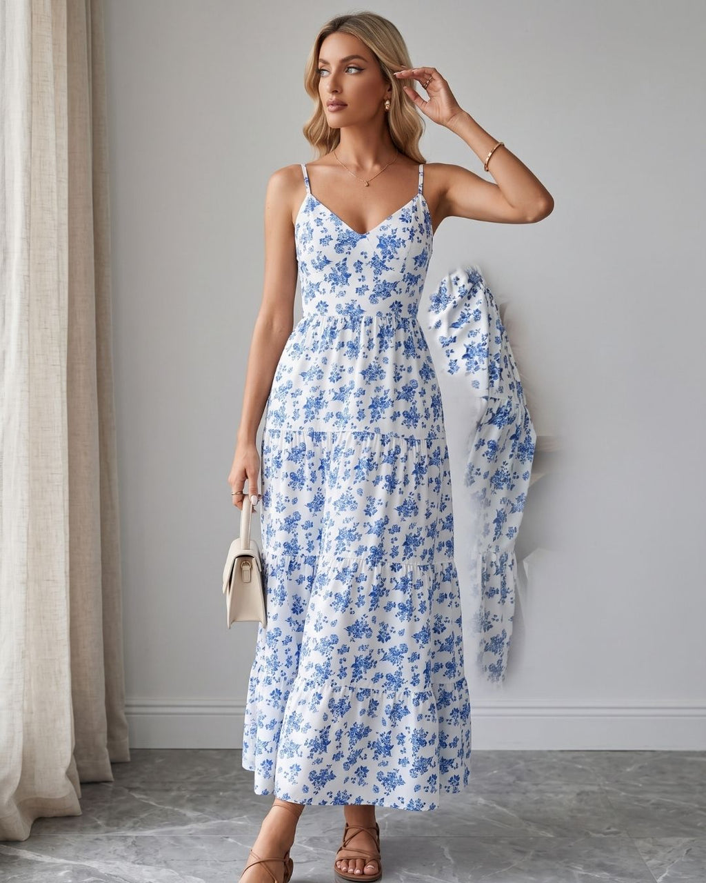 Vestido Longo Evasê Alça Fina Com Laço Nas Costas Floral