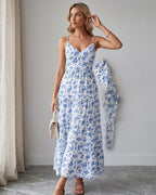 Vestido Longo Evasê Alça Fina Com Laço Nas Costas Floral