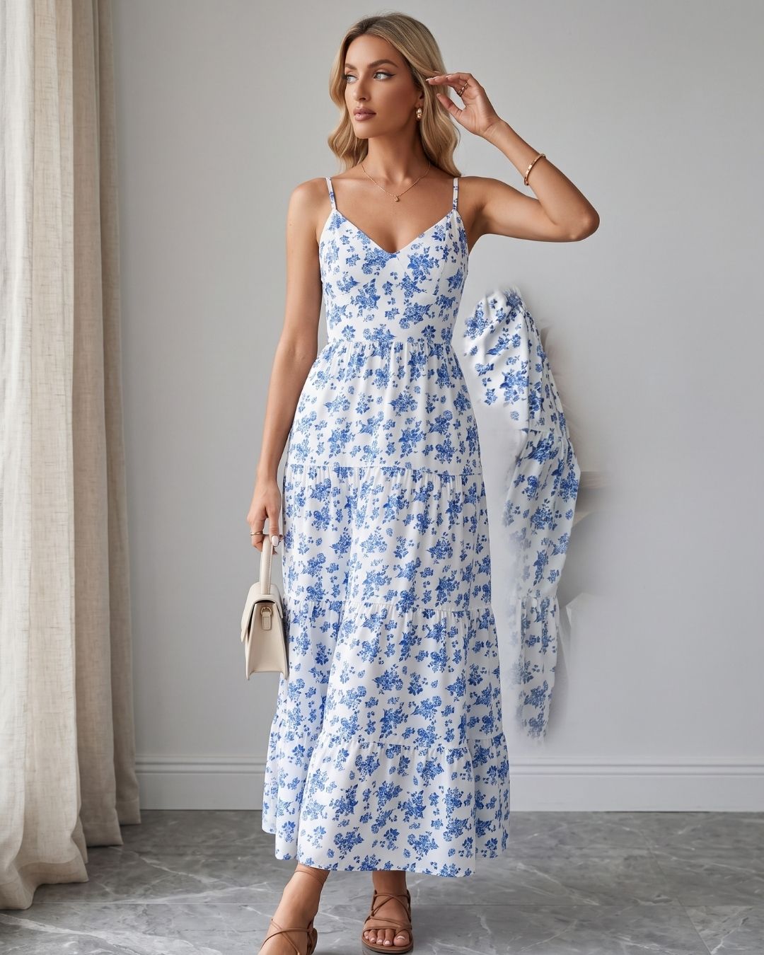 Vestido Longo Evasê Alça Fina Com Laço Nas Costas Floral