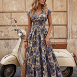Vestido Longo Estampado Com Decote V E Cintura Marcada