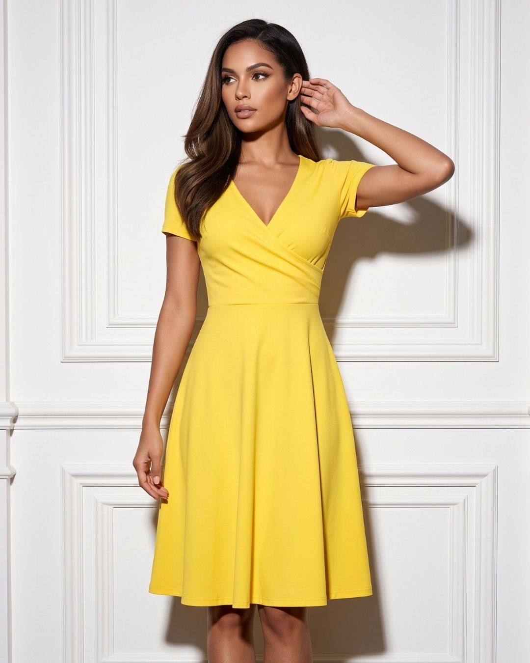 Vestido Midi Evasê Com Decote Transpassado E Manga Curta
