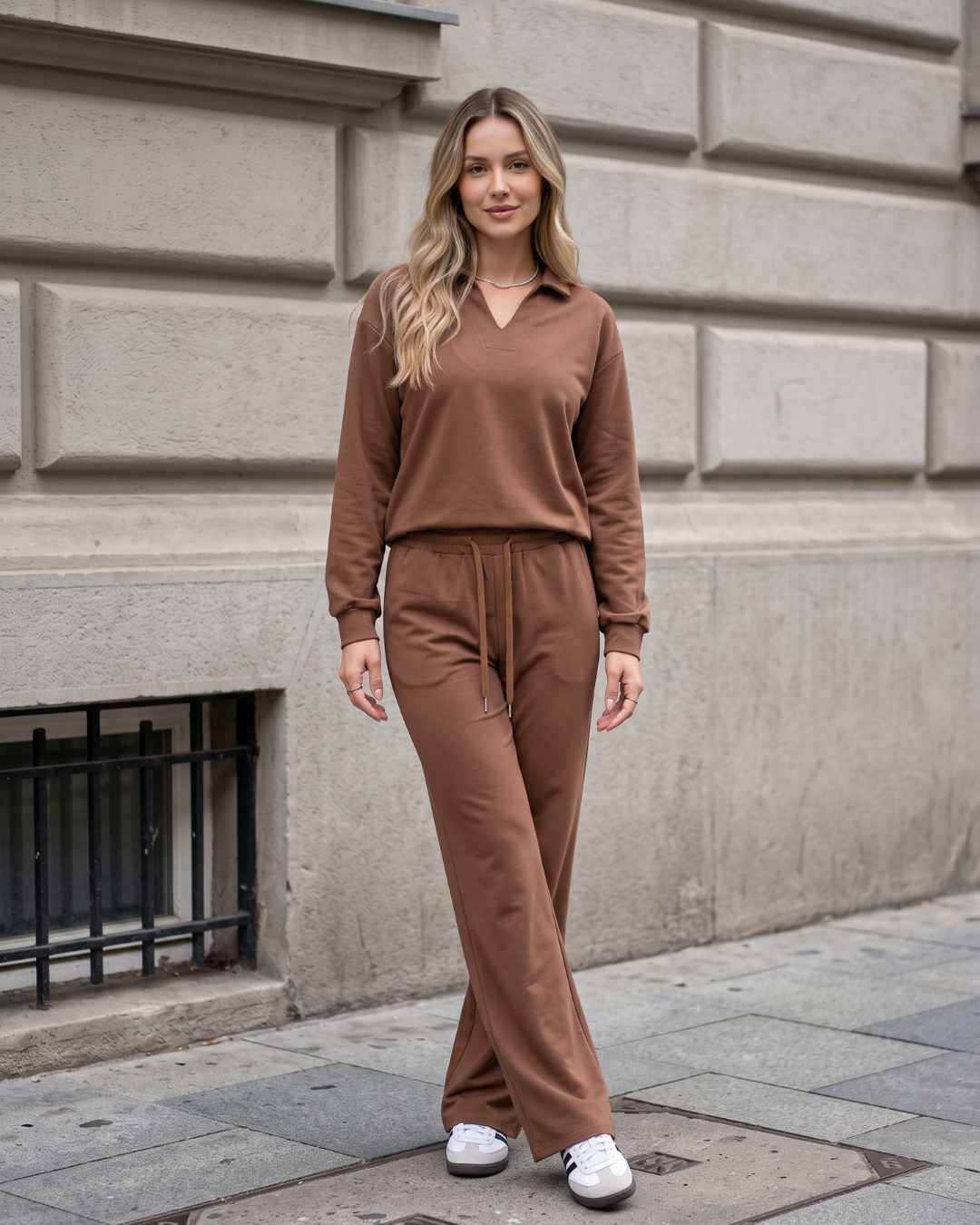 Conjunto Blusa Gola Polo Manga Longa E Calça Pantalona Casual