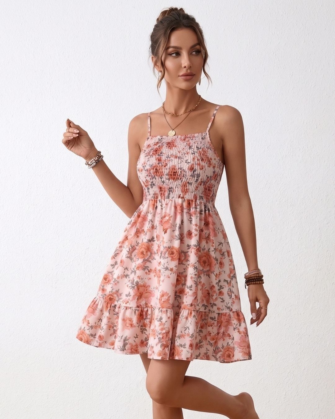 Vestido Curto Evasê Alça Fina Com Lastex E Estampa Floral