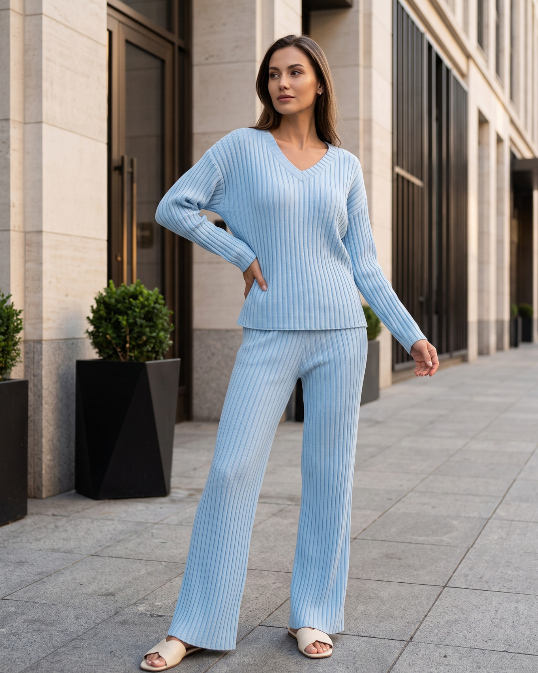 Conjunto Blusa Canelada Manga Longa E Calça Reta Casual