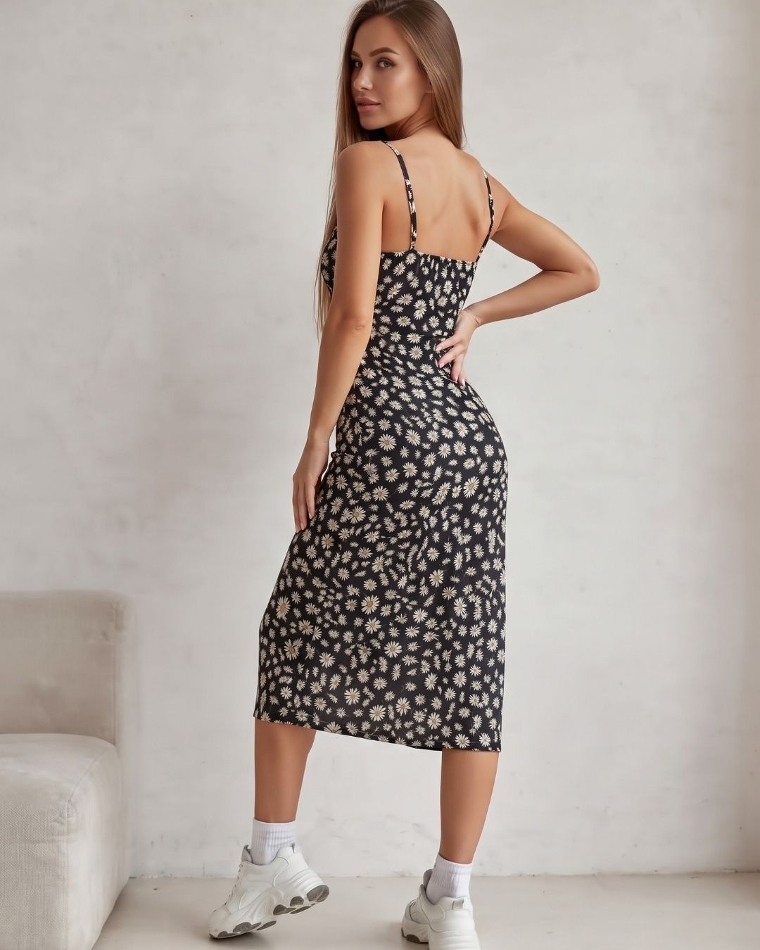 Vestido Midi Justo Alça Fina Com Fenda Estampado Floral