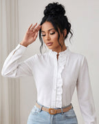 Camisa Feminina Com Babados Frontais E Manga Longa