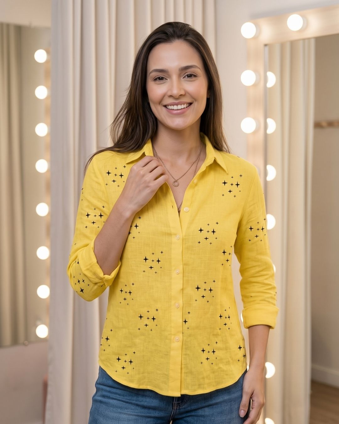 Camisa Feminina Casual Manga Longa Com Botões E Gola