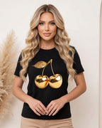Camiseta Feminina Casual Com Estampa Cereja Metalizada