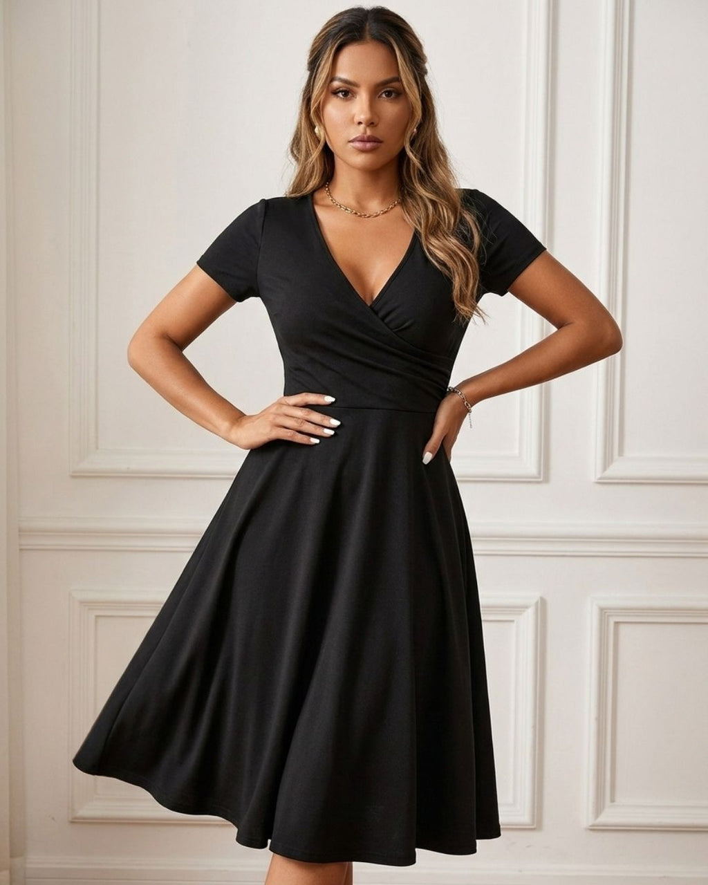 Vestido Midi Rodado Com Decote V E Cintura Marcada