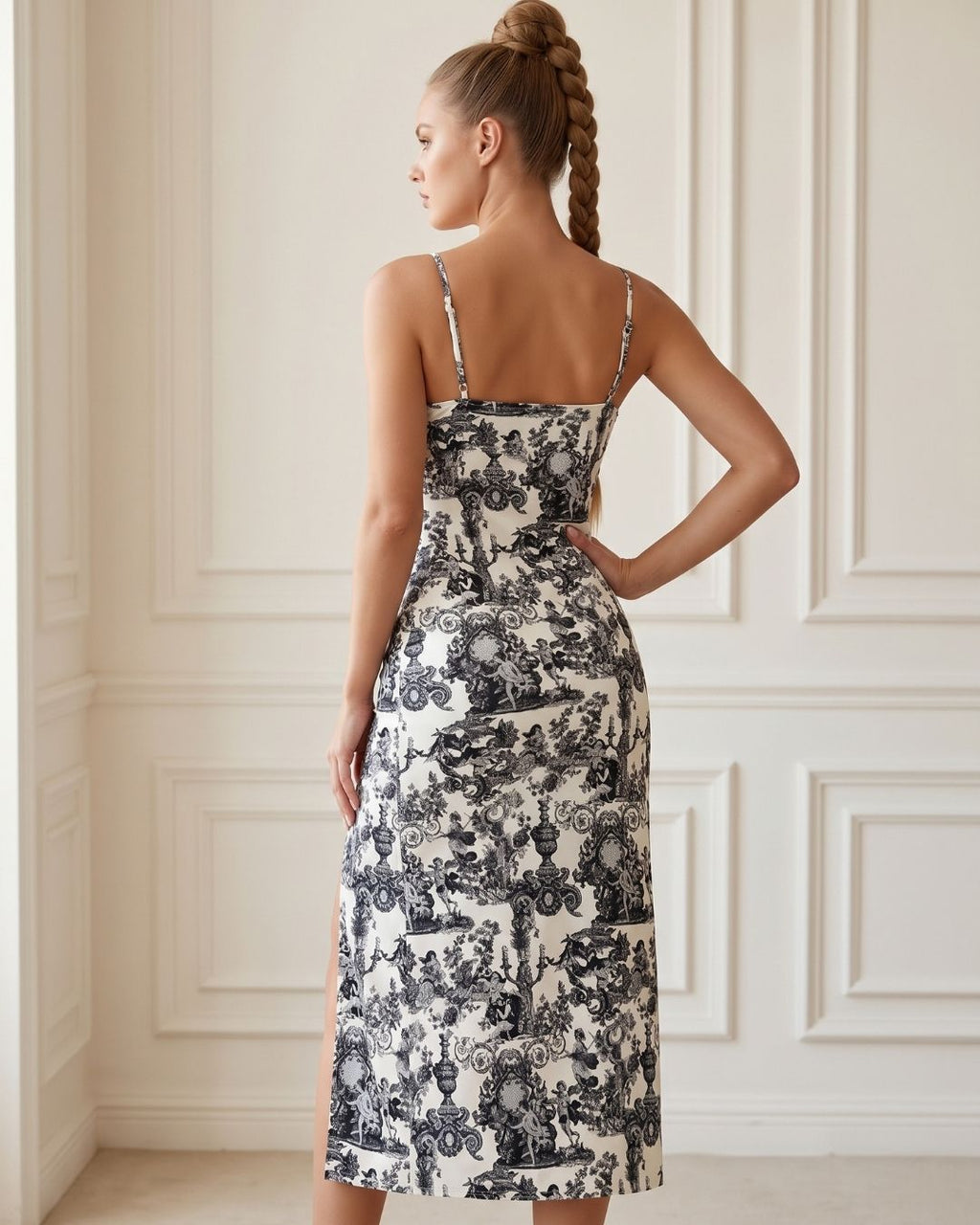 Vestido Midi Justo Alça Fina Com Fenda Estampado Elegante