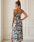 Vestido Midi Justo Alça Fina Com Fenda Estampado Elegante