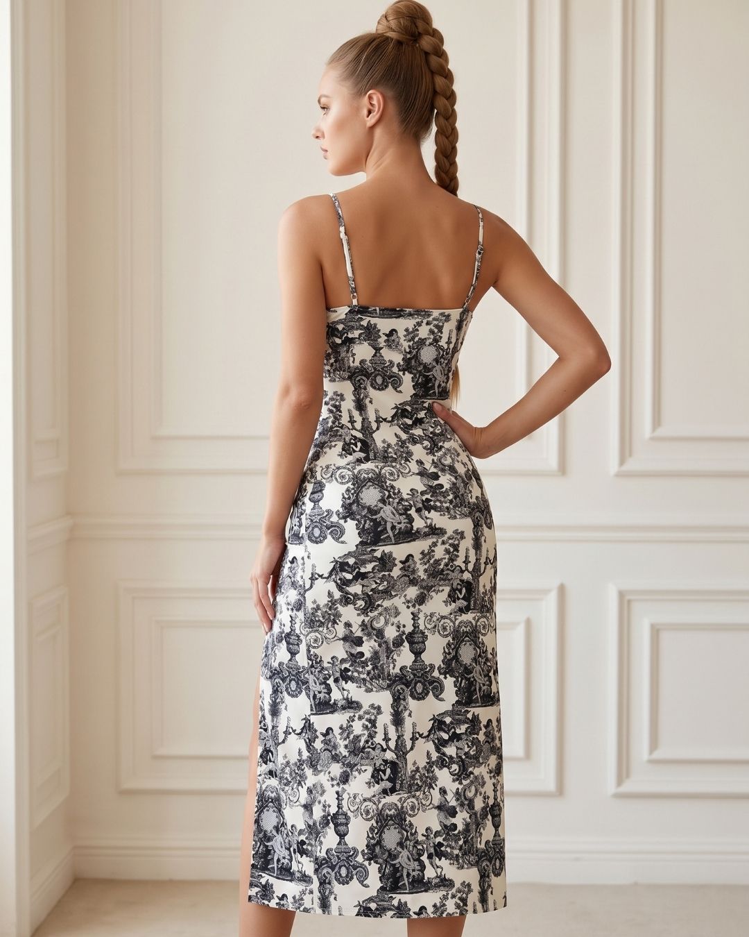 Vestido Midi Justo Alça Fina Com Fenda Estampado Elegante