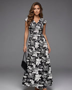 Vestido Longo Estampado Com Decote V E Saia Evasê
