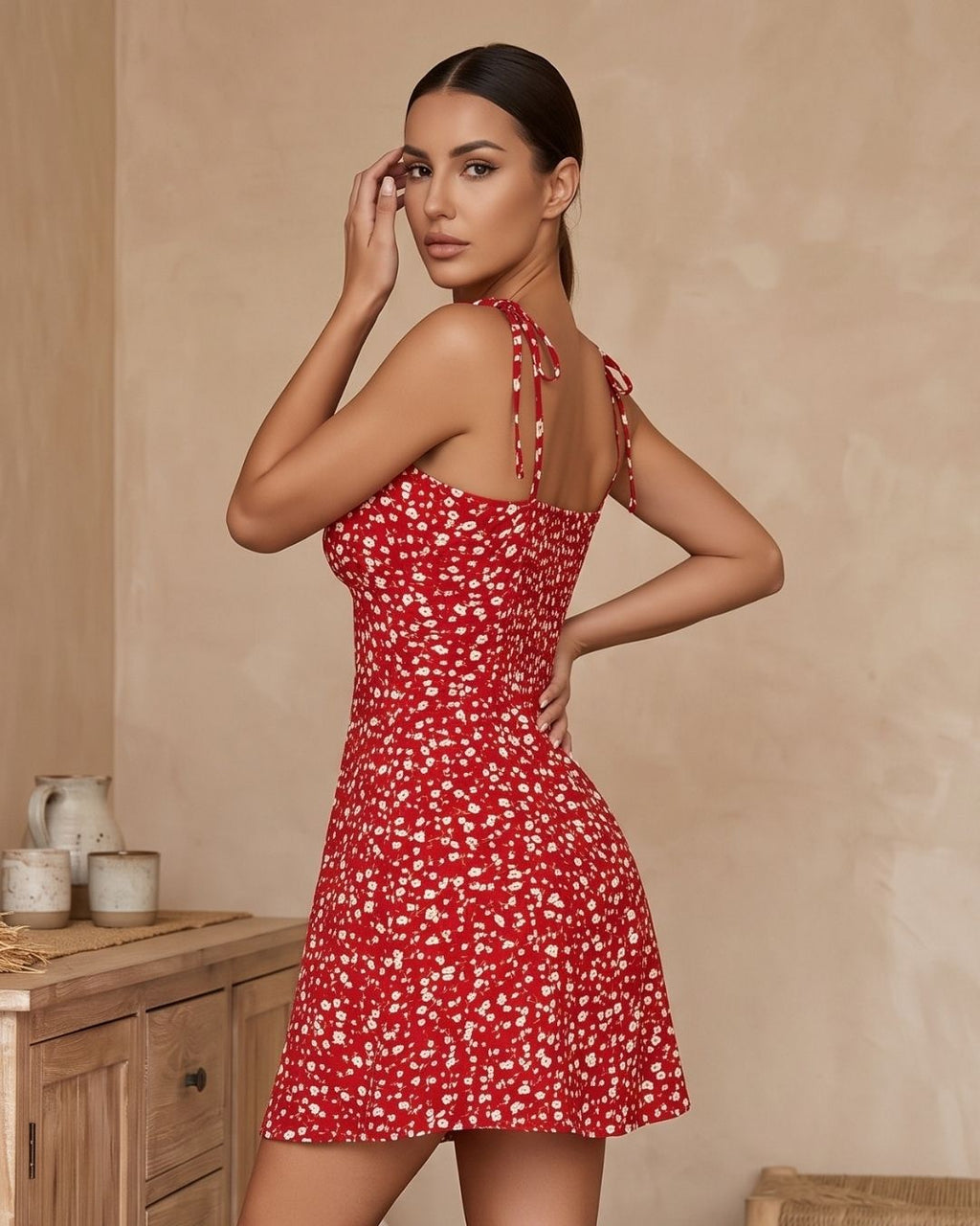 Vestido Curto Floral Evasê Com Alças De Amarração E Decote Franzido