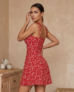 Vestido Curto Floral Evasê Com Alças De Amarração E Decote Franzido