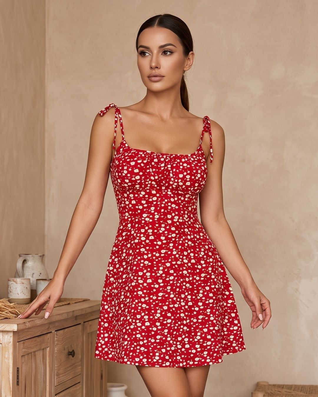 Vestido Curto Floral Evasê Com Alças De Amarração E Decote Franzido