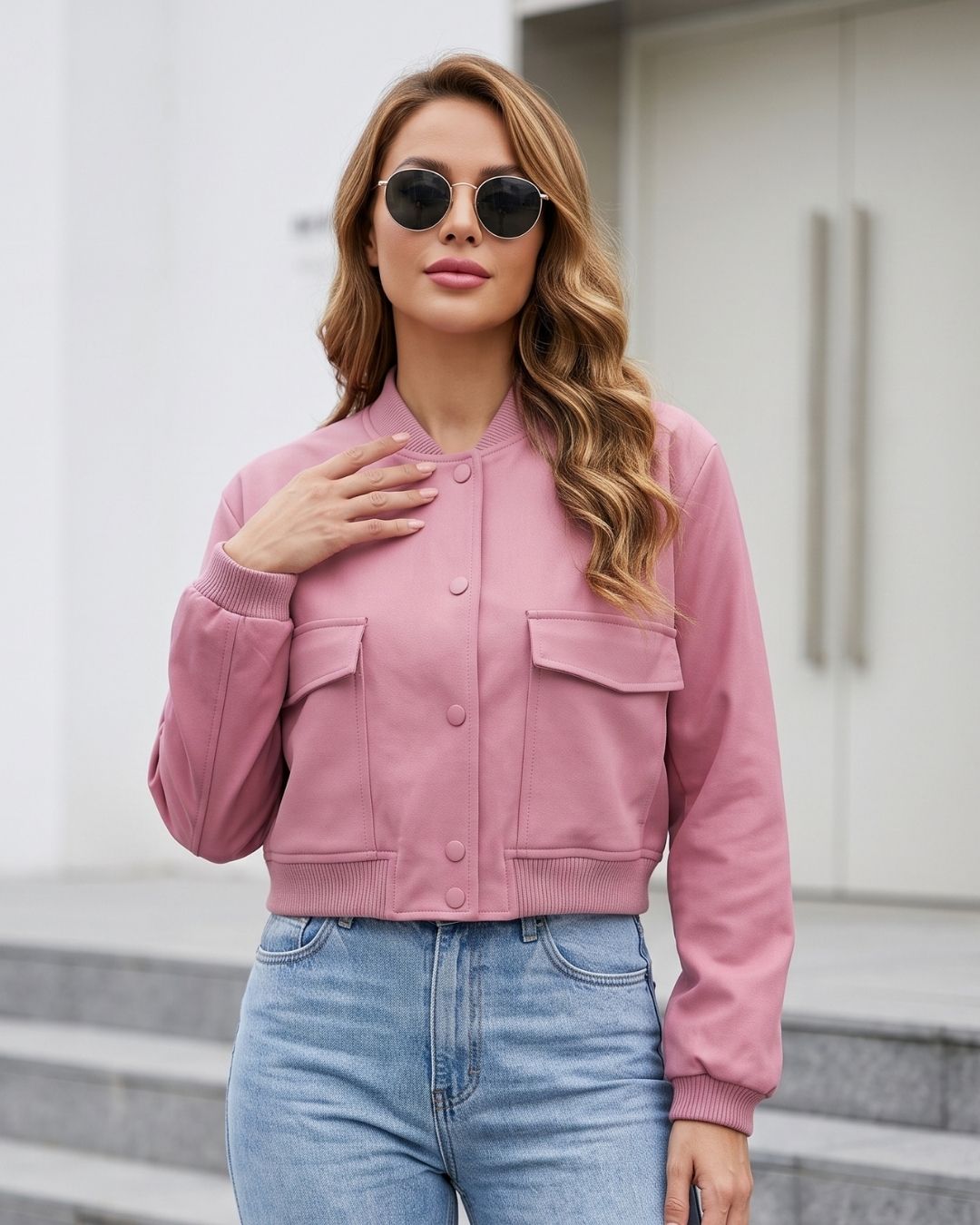 Jaqueta Bomber Cropped Com Bolsos Frontais Utilitária
