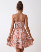 Vestido Curto Evasê Alça Fina Com Lastex E Estampa Floral