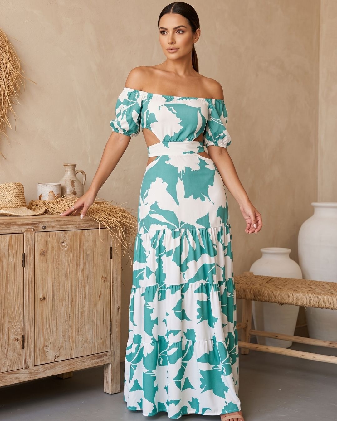 Vestido Longo Ombro A Ombro Com Recortes E Babados Floral