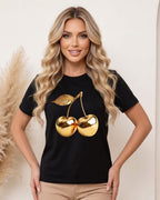 Camiseta Feminina Casual Com Estampa Cereja Metalizada