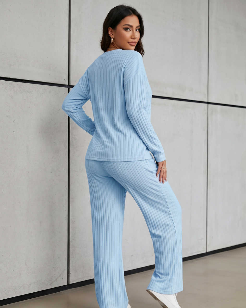 Conjunto Blusa Canelada Manga Longa E Calça Reta Casual