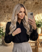 Camisa Feminina Elegante Com Mangas Em Renda Vazadas