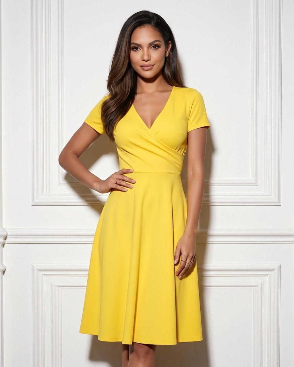 Vestido Midi Evasê Com Decote Transpassado E Manga Curta