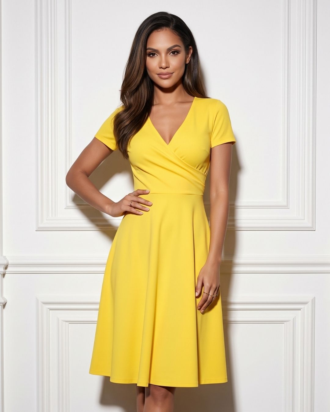 Vestido Midi Evasê Com Decote Transpassado E Manga Curta