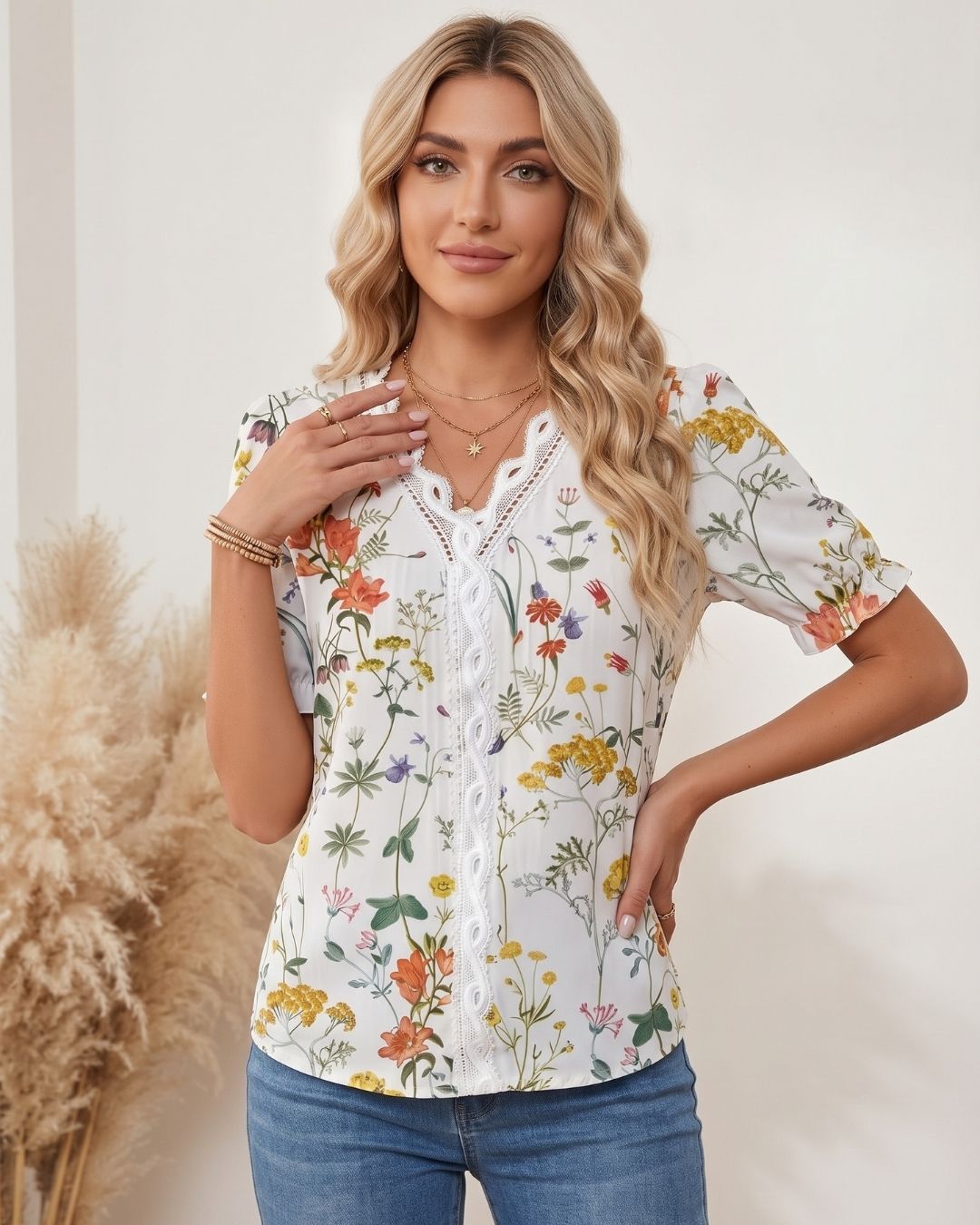 Blusa Feminina Floral Com Renda No Decote E Manga Curta