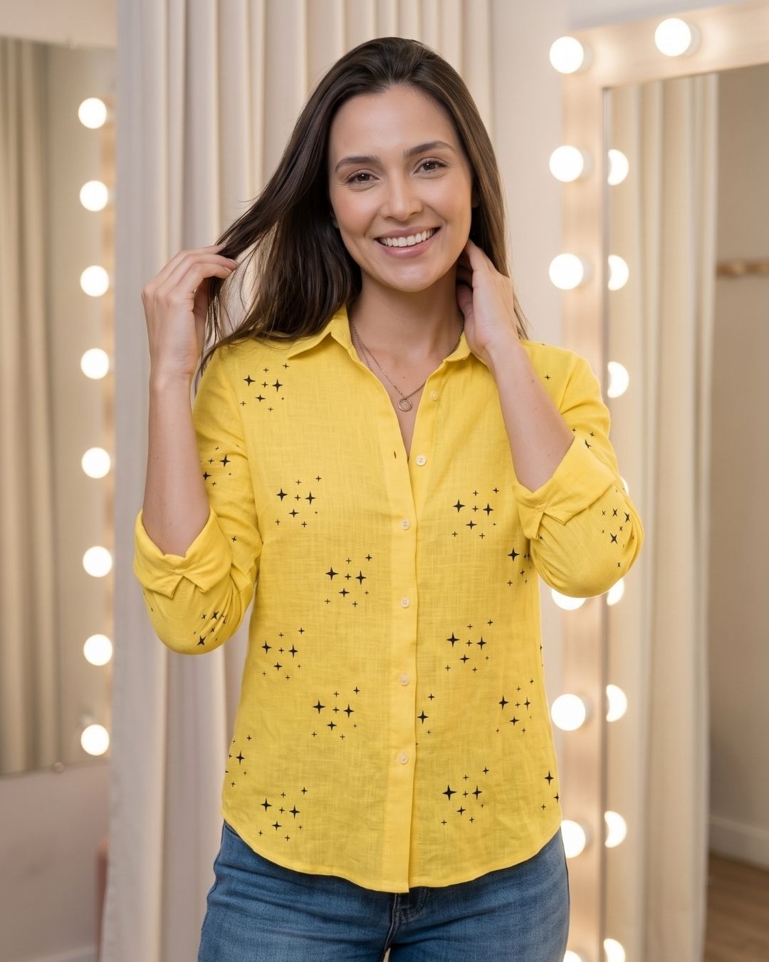 Camisa Feminina Casual Manga Longa Com Botões E Gola