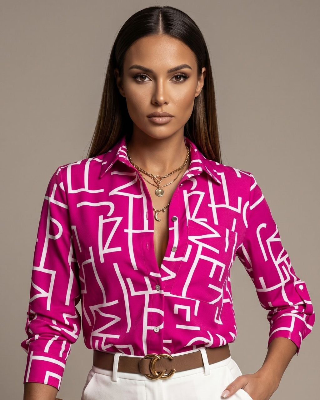 Camisa Feminina Estampada Abstrata Com Manga 3/4
