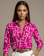 Camisa Feminina Estampada Abstrata Com Manga 3/4