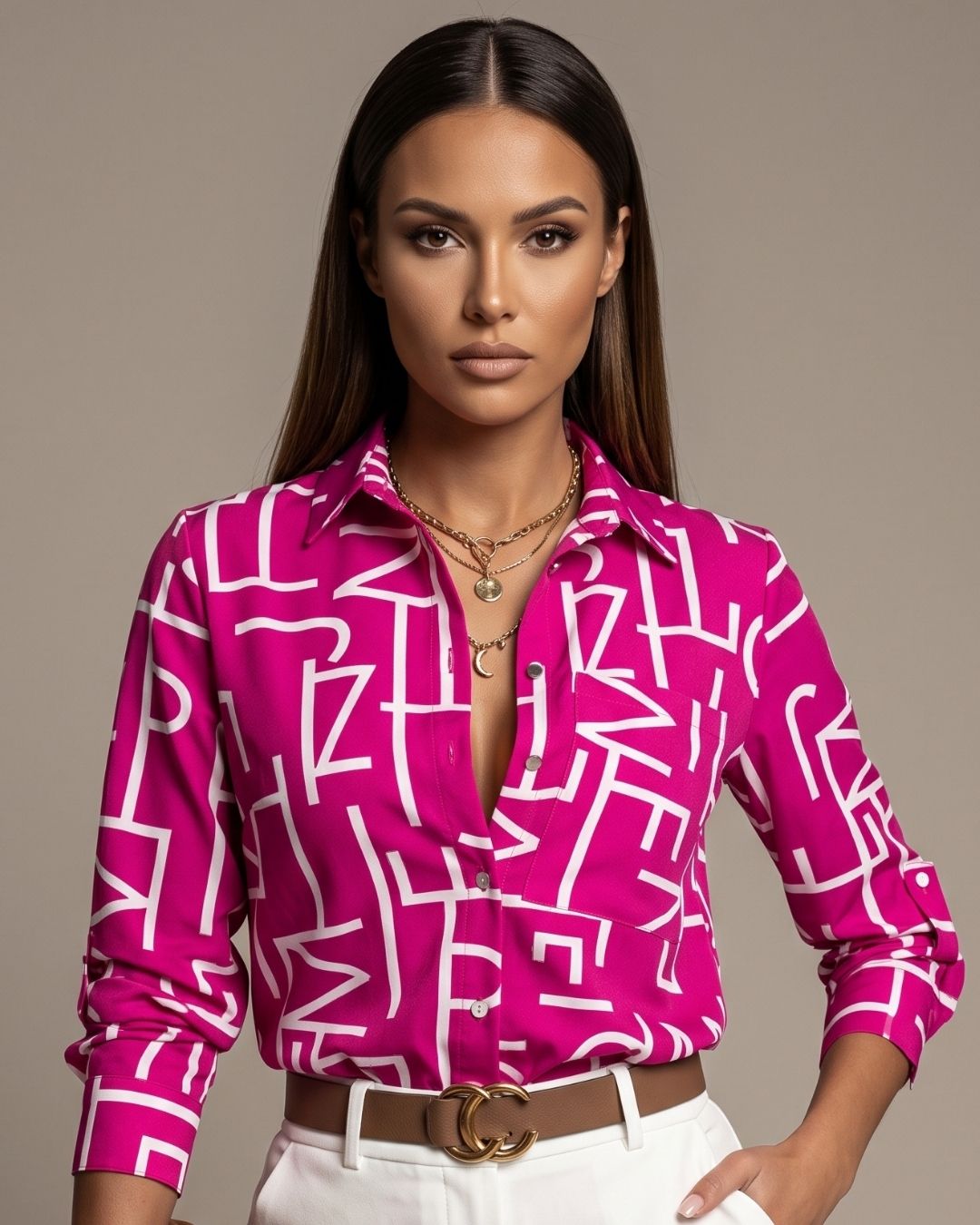Camisa Feminina Estampada Abstrata Com Manga 3/4