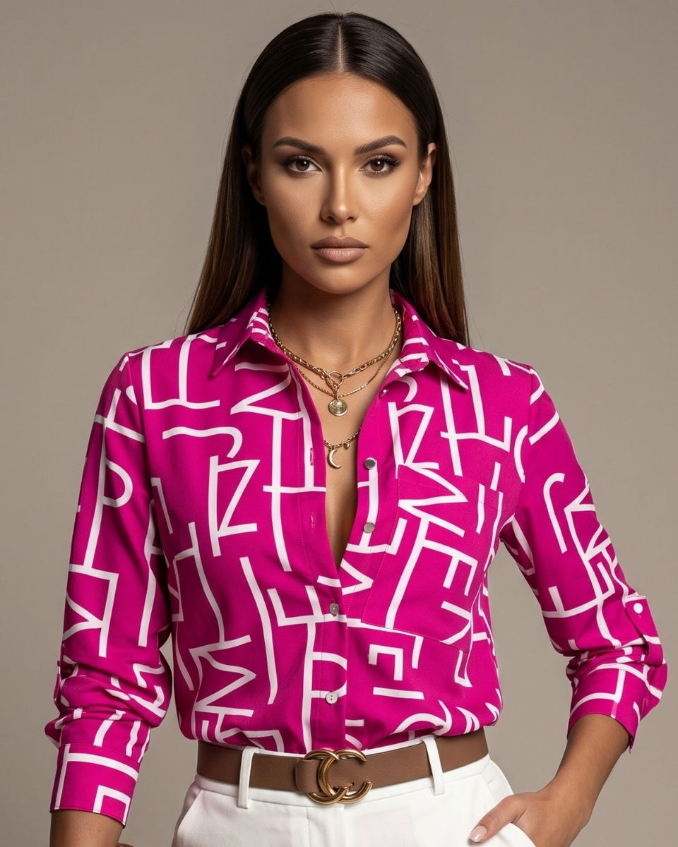 Camisa Feminina Estampada Abstrata Com Manga 3/4