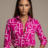 Camisa Feminina Estampada Abstrata Com Manga 3/4