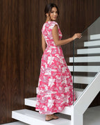 Vestido Longo Estampado Com Decote V E Saia Evasê