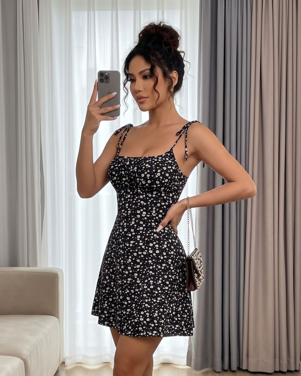 Vestido Curto Floral Evasê Com Alças De Amarração E Decote Franzido