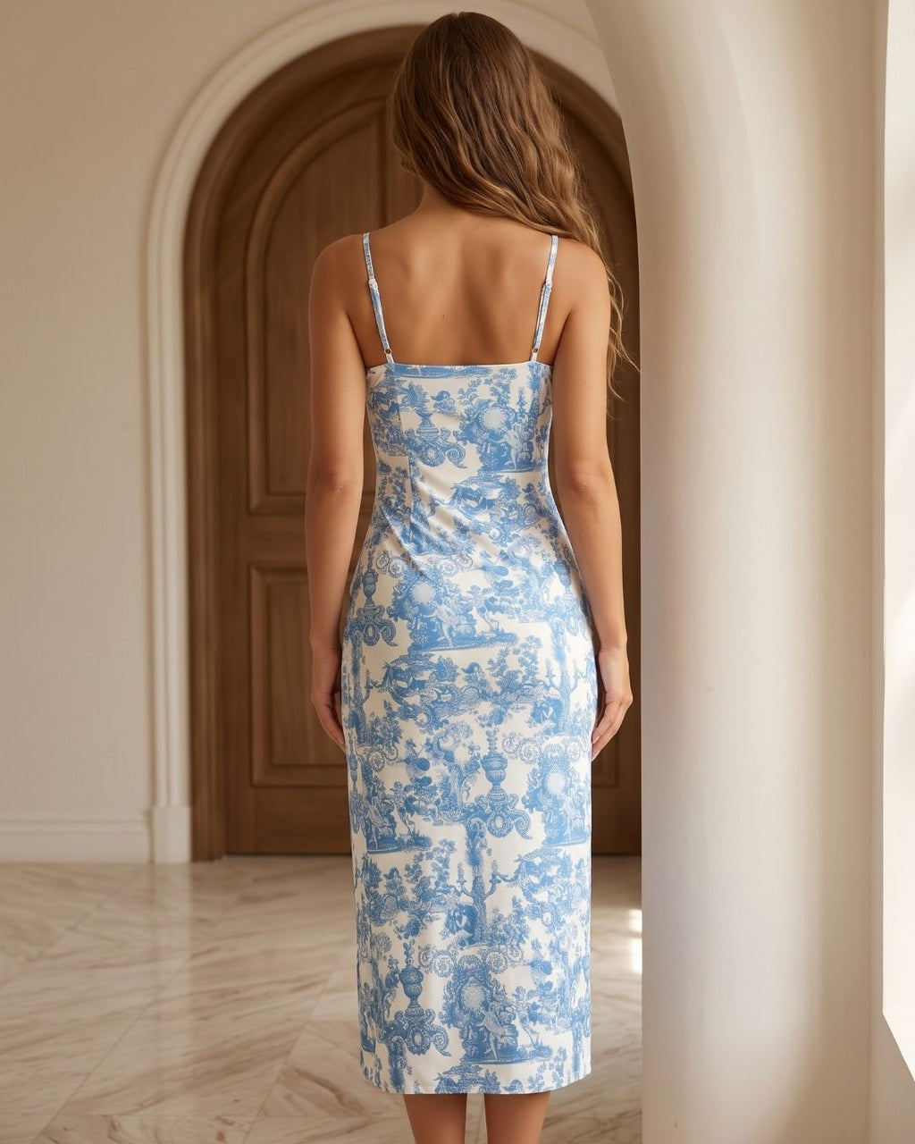 Vestido Midi Justo Alça Fina Com Fenda Estampado Elegante