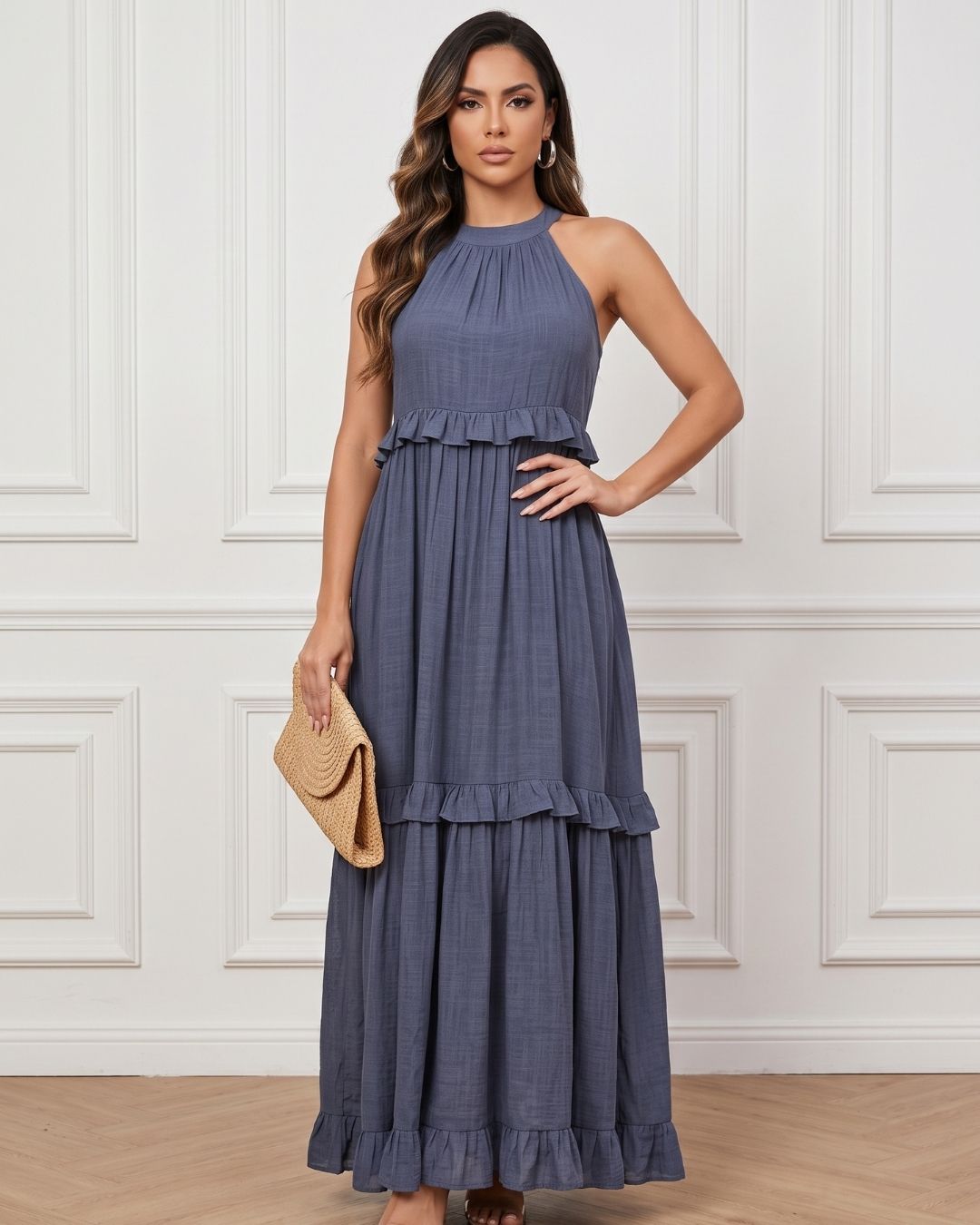 Vestido Longo Soltinho Com Babados E Saia Em Camadas