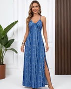 Vestido Longo Estampado Com Alças Finas E Decote Franzido
