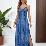 Vestido Longo Estampado Com Alças Finas E Decote Franzido