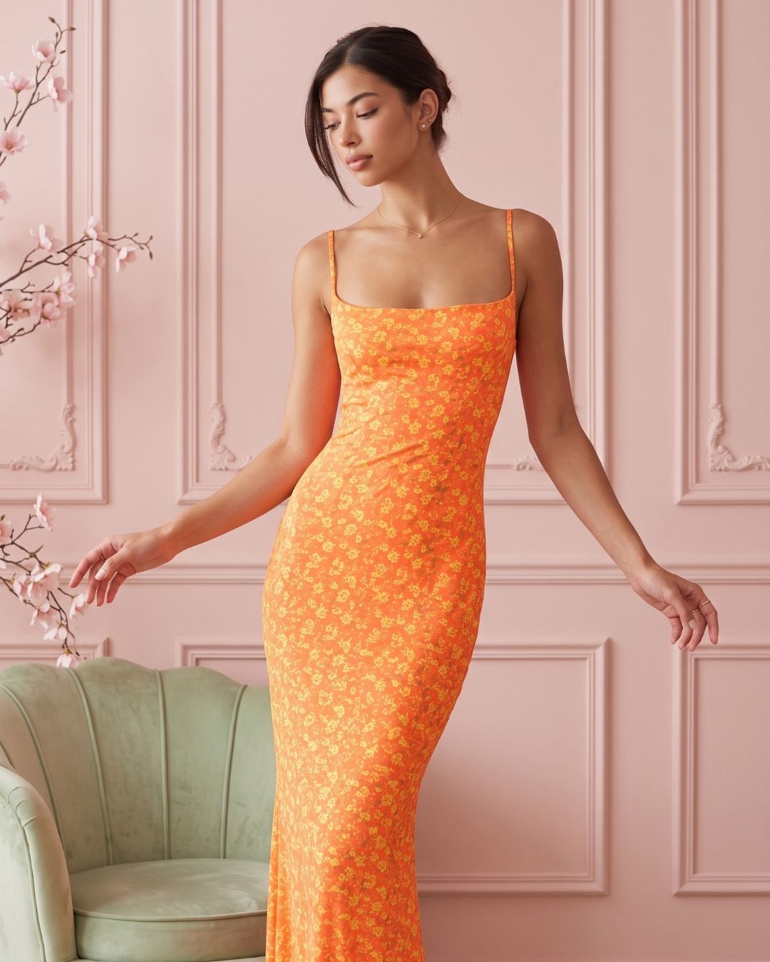 Vestido Longo Justo Alça Fina Decote Quadrado Estampa Floral
