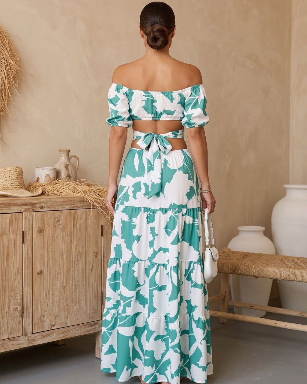 Vestido Longo Ombro A Ombro Com Recortes E Babados Floral